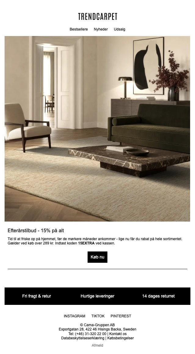 Bevis på rabatkode - Trend Carpets - [[15% på alt]] i efteråret, spar ved køb over 289 kr.